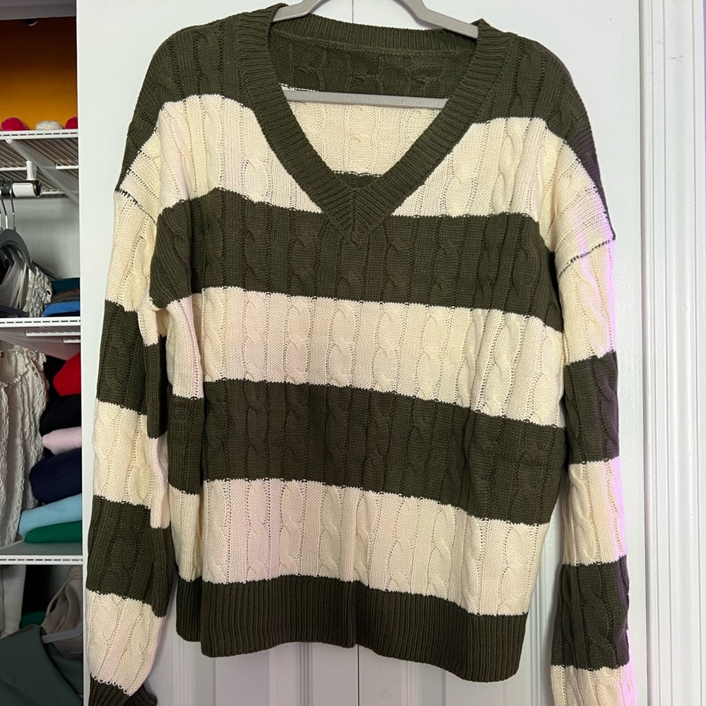 Green and White Cable Sweater